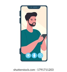 videollamada de smartphone en pantalla con diseño de ilustración vectorial de concepto de medios sociales de jóvenes