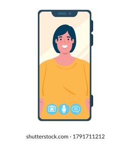 smartphone video call on the screen with young woman social media concept vector illustration design