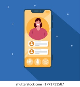 videollamada de smartphone en pantalla con mujer joven, concepto de medios sociales diseño de ilustración vectorial
