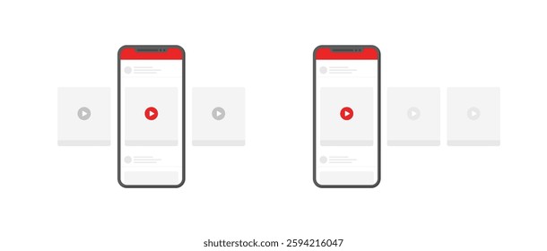 Smartphone video player interface on social media platform display. Vector icon