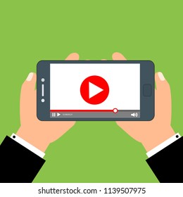 Smartphone with video player on the screen. Mobile streaming technologies. Vector flat illustration.