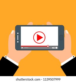 Smartphone with video player on the screen. Mobile streaming technologies. Vector flat illustration.