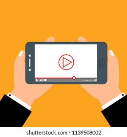 Smartphone with video player on the screen. Mobile streaming technologies. Vector flat illustration.