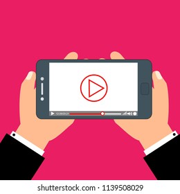 Smartphone with video player on the screen. Mobile streaming technologies. Vector flat illustration.