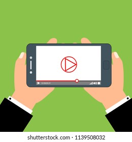 Smartphone with video player on the screen. Mobile streaming technologies. Vector flat illustration.