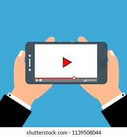Smartphone with video player on the screen. Mobile streaming technologies. Vector flat illustration.