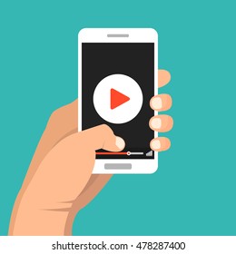 Smartphone with video player on the screen. Mobile streaming technologies. Vector flat illustration.