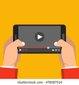 Smartphone with video player on the screen. Mobile streaming technologies. Vector flat illustration.