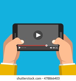 Smartphone with video player on the screen. Mobile streaming technologies. Vector flat illustration.