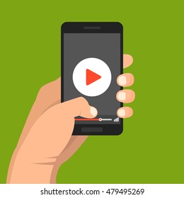 Smartphone with video player on the screen. Mobile streaming technologies. Vector flat illustration.