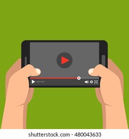 Smartphone with video player on the screen. Mobile streaming technologies. Vector flat illustration.