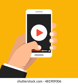 Smartphone with video player on the screen. Mobile streaming technologies. Vector flat illustration.
