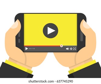 Smartphone with video player on the screen. Mobile streaming technologies. Flat cartoon style. Vector illustration.
