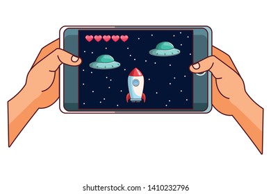 smartphone videogame mode play spaceship entertainment cartoon vector illustration graphic design