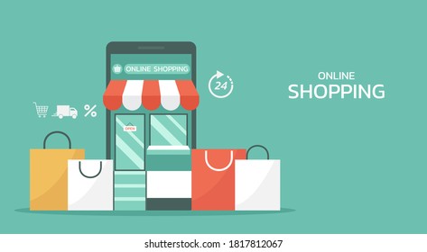 smartphone ver tienda digital frontal con bolsa de compra, compras en línea en concepto de aplicación móvil, icono, web y banner, ilustración de vector plano