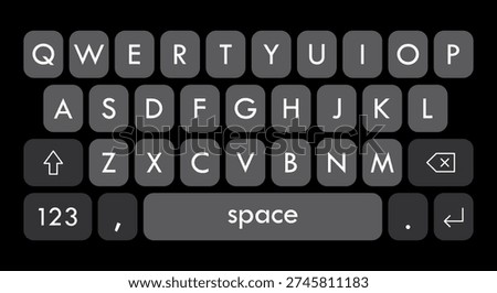 Smartphone virtual keyboard in dark theme, simple design layout. Vector illustration