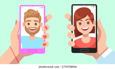 Smartphone with virtual relationship app. Hands holding mobile phone with man and woman profile, male and female face on device screen, online message and chatting, flat vector cartoon illustration
