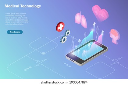 Smartphone with virtual screen of medical records from online clouds computing data center. Idea for research and development innovation technology in medical and healthcare concept. Isometric view.