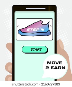 Smartphone with virtual shoes, text move 2 earn and button start svg