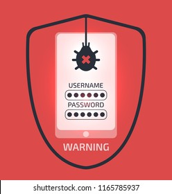 Smartphone virus attack concept illustration. Breaking anti-virus protected system.Personal Information safety alert