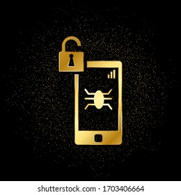 Smartphone, Virus Gold Symbol. Vektorillustration auf goldenem Partikelhintergrund.