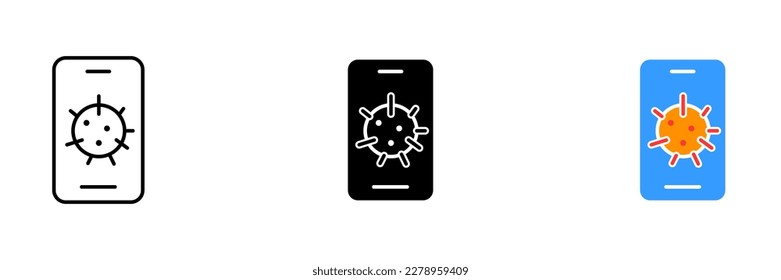 A smartphone with a virus icon in a red circle on a white background. Vector set of icons in line, black and colorful styles isolated.