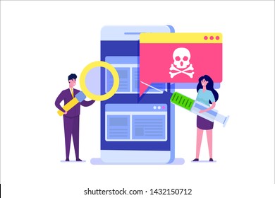 Smartphone virus malware trojan notification or alert. Hacker attack, Mobile security vector concept. 