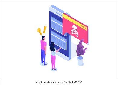 Smartphone virus malware trojan notification or alert. Hacker attack, Mobile security vector concept. 