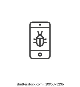 Smartphone virus outline icon. linear style sign for mobile concept and web design. Mobile phone bug simple line vector icon. Symbol, logo illustration. Pixel perfect vector graphics