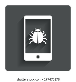 Smartphone virus sign icon. Software bug symbol. Gray flat button with shadow. Modern UI website navigation. Vector