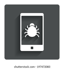 Smartphone virus sign icon. Software bug symbol. Gray flat button with shadow. Modern UI website navigation. Vector