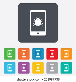 Smartphone virus sign icon. Software bug symbol. Rounded squares 11 buttons. Vector