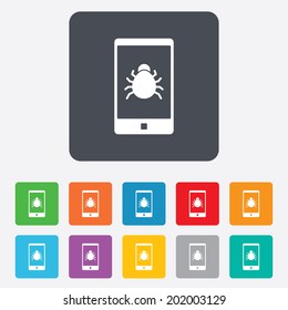 Smartphone virus sign icon. Software bug symbol. Rounded squares 11 buttons. Vector