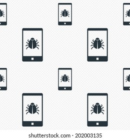Smartphone virus sign icon. Software bug symbol. Seamless grid lines texture. Cells repeating pattern. White texture background. Vector