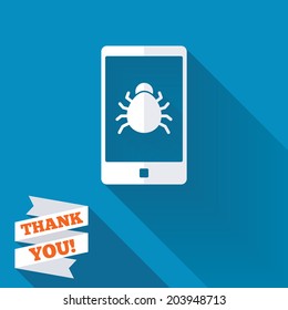 Smartphone virus sign icon. Software bug symbol. White flat icon with long shadow. Paper ribbon label with Thank you text. Vector