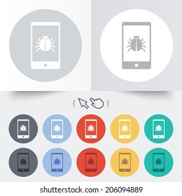 Smartphone virus sign icon. Software bug symbol. Round 12 circle buttons. Shadow. Hand cursor pointer. Vector
