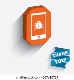 Smartphone virus sign icon. Software bug symbol. White icon on orange 3D piece of wall. Carved in stone with long flat shadow. Vector