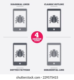 Smartphone virus sign icon. Software bug symbol. Diagonal and horizontal lines, classic outline, dotted texture. Pattern design icons.  Vector