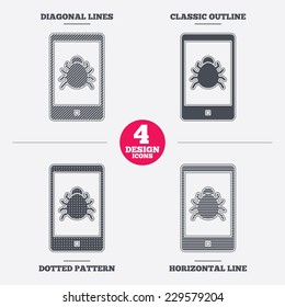 Smartphone virus sign icon. Software bug symbol. Diagonal and horizontal lines, classic outline, dotted texture. Pattern design icons.  Vector