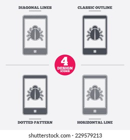 Smartphone virus sign icon. Software bug symbol. Diagonal and horizontal lines, classic outline, dotted texture. Pattern design icons.  Vector