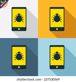 Smartphone virus sign icon. Software bug symbol. Four squares. Colored Flat design buttons. Vector