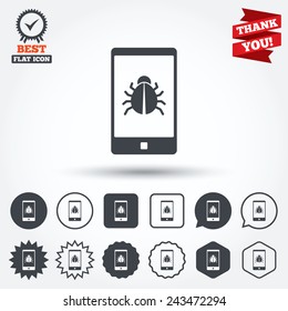 Smartphone virus sign icon. Software bug symbol. Circle, star, speech bubble and square buttons. Award medal with check mark. Thank you ribbon. Vector