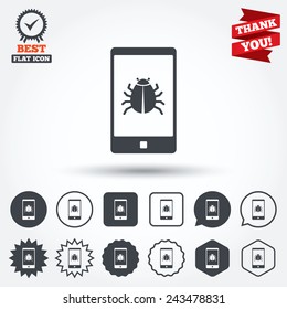 Smartphone virus sign icon. Software bug symbol. Circle, star, speech bubble and square buttons. Award medal with check mark. Thank you ribbon. Vector