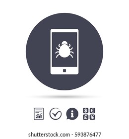 Smartphone virus sign icon. Software bug symbol. Report document, information and check tick icons. Currency exchange. Vector