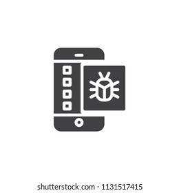 Smartphone and virus vector icon. filled flat sign for mobile concept and web design. Mobile bug simple solid icon. Symbol, logo illustration. Pixel perfect vector graphics
