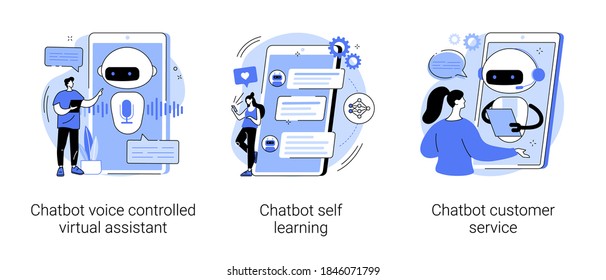 Smartphone Voice Application Abstract Concept Vector Illustration Set. Chatbot Voice Controlled Virtual Assistant, Machine Self Learning And Customer Service, AI In Ecommerce Abstract Metaphor.