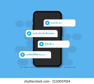 Smartphone with voice messages on screen . Voice and audio messages. Modern communication in messenger. Online chat. Social media design concept. Mobile phone with chat app and voice messages bubbles