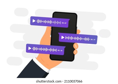 Smartphone with voice messages on screen . Voice and audio messages. Modern communication in messenger. Online chat. Social media design concept. Mobile phone with chat app and voice messages bubbles