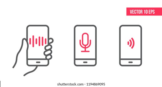 Smartphone with voice technology vector icons. Mobile Phone Line Icon. Vector design Element illustration. hand holding a mobile