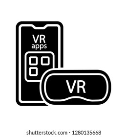 Smartphone VR headset glyph icon. Silhouette symbol. Virtual reality mobile apps. VR mask, glasses, goggles with phone. Negative space. Vector isolated illustration